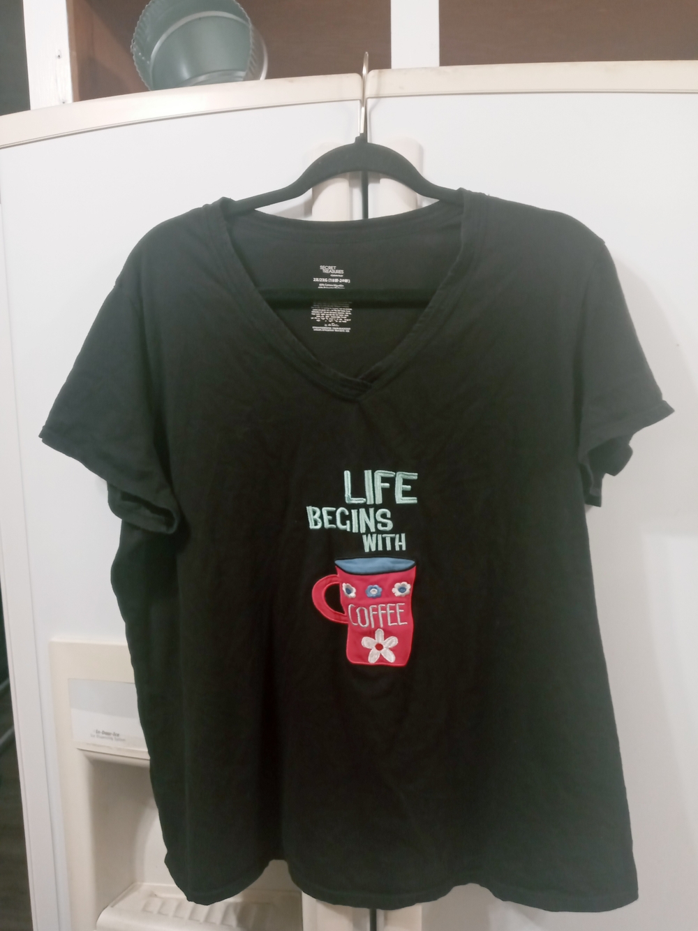 Secret Treasures Black V-Neck Tee with Pink Coffee Mug Graphic